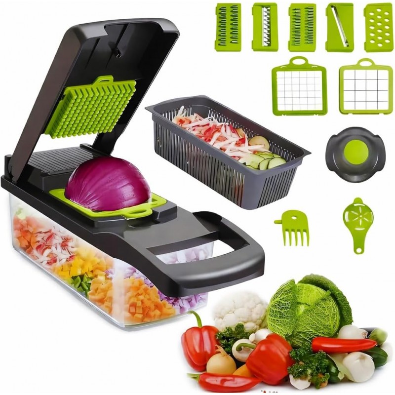 16 in-1 Vegetable Chopper with Container – Mandoline Slicer, Onion Dicer, Food Chopper, Cheese Grater– Multi Blade Kitchen Cutter for Fruits & Vegetables
