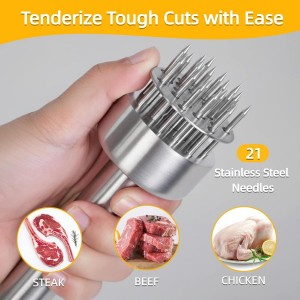 Stainless Steel Meat Tenderizer Tool with Retractable Design, 21-Needle Meat Tenderizer with Cleaning Brush for Tenderizing Steak, Beef, Chicken, and Pork - Dishwasher Friendly & Easy-Grip Handle