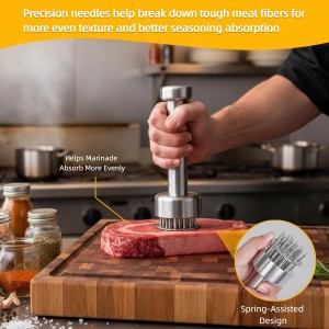 Stainless Steel Meat Tenderizer Tool with Retractable Design, 21-Needle Meat Tenderizer with Cleaning Brush for Tenderizing Steak, Beef, Chicken, and Pork - Dishwasher Friendly & Easy-Grip Handle