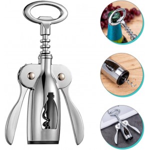 Wine Bottle Opener Wing Corkscrew with Beer Cap Remover, Silver Zinc Alloy Manual Cork Extractor for Home Bar and Restaurant Use