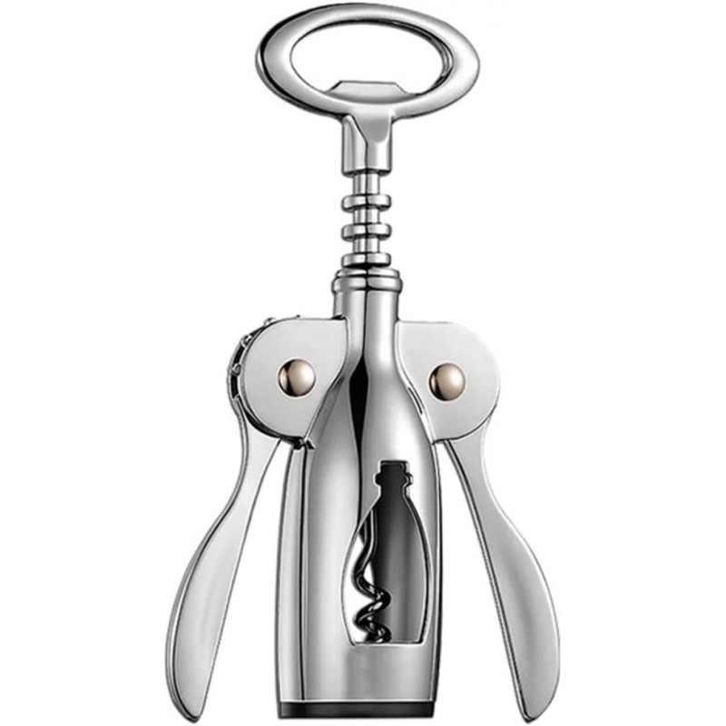 Wine Bottle Opener Wing Corkscrew with Beer Cap Remover, Silver Zinc Alloy Manual Cork Extractor for Home Bar and Restaurant Use