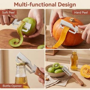 Multi-Functional Vegetable Peeler for Kitchen, New Ultra-Sharp Stainless Steel Blade with Wooden Handle and Bottle Opener, For Fruits and vegetables (2 Pcs)