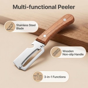 Multi-Functional Vegetable Peeler for Kitchen, New Ultra-Sharp Stainless Steel Blade with Wooden Handle and Bottle Opener, For Fruits and vegetables (2 Pcs)