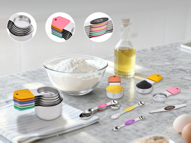 16-Piece Magnetic Measuring Cups and Spoons Set, Stainless Steel with Non-Slip Silicone Handles and Leveler, Essential Kitchen Baking Tools
