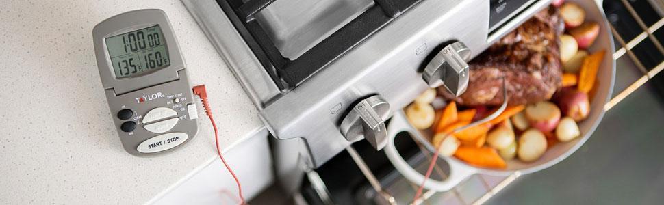 Taylor Programmable with Timer Instant Read Wired Probe Digital, Meat, Food, Grill BBQ Cooking Kitchen Thermometer with Timer, Gray