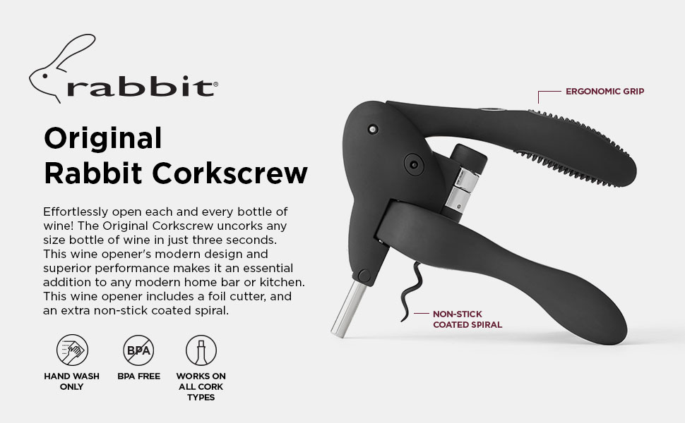Rabbit Original Lever Corkscrew Wine Opener with Foil Cutter and Extra Spiral (Silver)