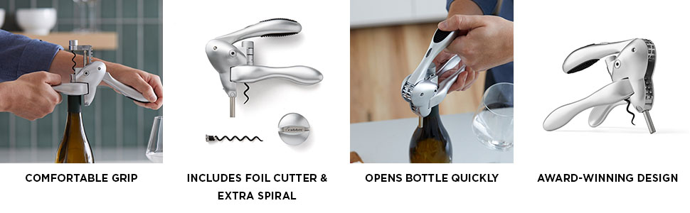 Rabbit Original Lever Corkscrew Wine Opener with Foil Cutter and Extra Spiral (Silver)
