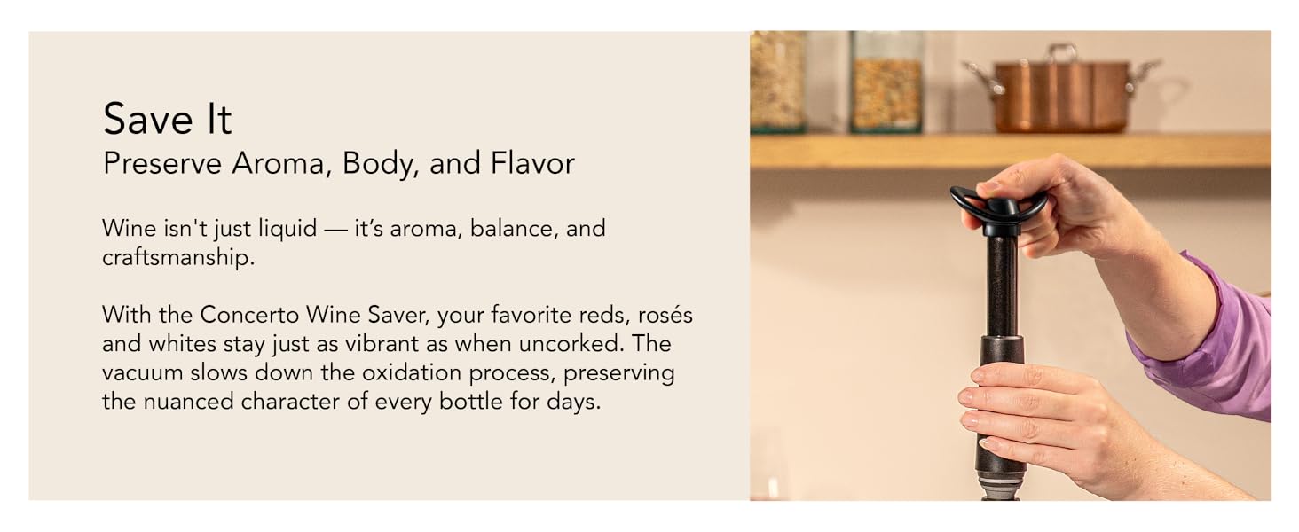 Vacu Vin Wine Saver Concerto with 4 Vacuum Stoppers – Premium Wine Preserver Pump – Airtight Seal Keeps Wine Fresh Longer – Click Indicator – Manual Pump – Black Wine Saver Set