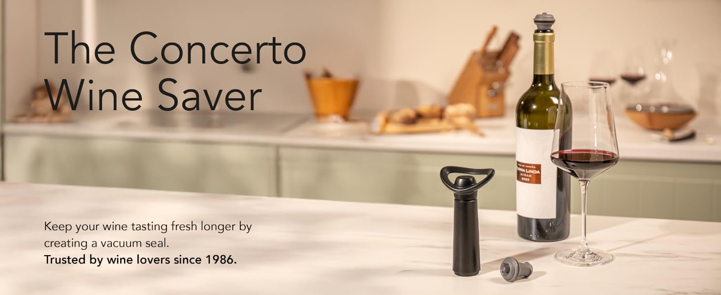 Vacu Vin Wine Saver Concerto with 4 Vacuum Stoppers – Premium Wine Preserver Pump – Airtight Seal Keeps Wine Fresh Longer – Click Indicator – Manual Pump – Black Wine Saver Set
