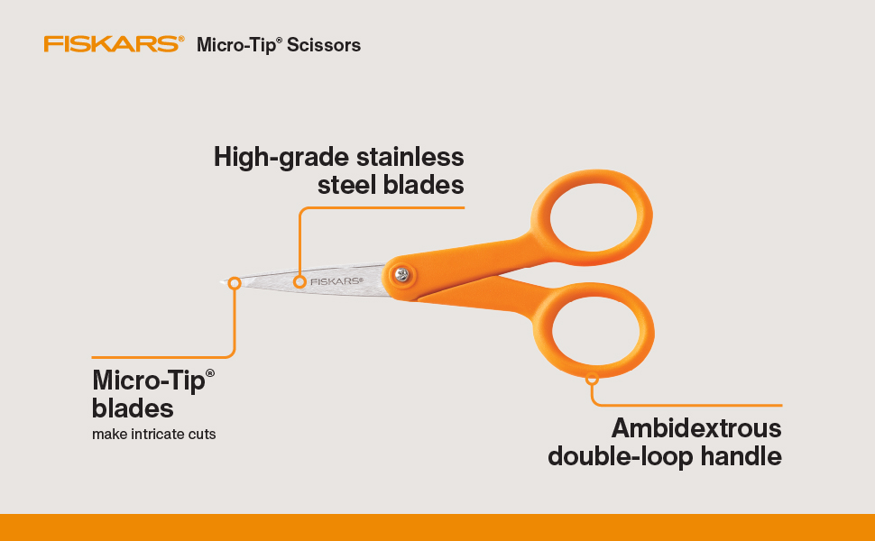 Fiskars Premier No. 5 Micro-Tip Orange-Handled Fabric Scissors, Double Loop Handle, Sewing and Craft Scissors, Orange