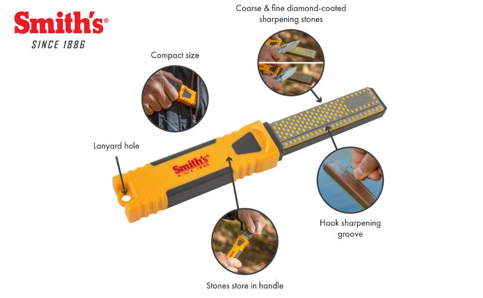 Smith's DCS4 4” Diamond Combination Sharpener - Double Sided Stone - Outdoor Field Knife Sharpener - Fish Hook & Pointed Tools Micro Sharpener - Lightweight, Compact, Handheld