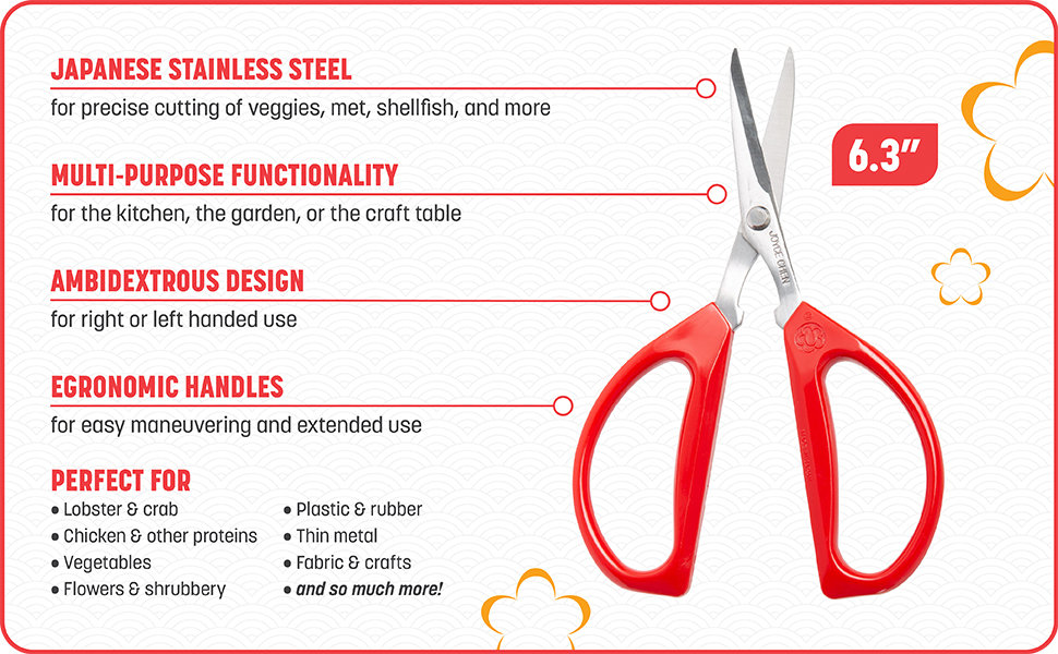 Joyce Chen Original Unlimited Kitchen Scissors All Purpose Kitchen Shears With Comfortable Handles, Red