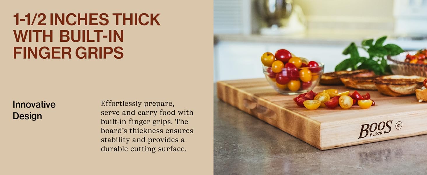 John Boos R-Board Series Rectangular Wooden Maple Cutting Board 20”x15” – 1.5” Thick, 12-lb Reversible Butcher Block with Edge-Grain & Finger Grips – Made in the USA