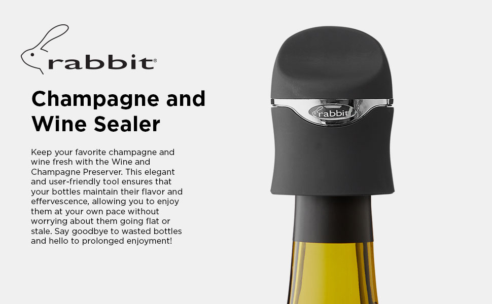 Rabbit Champagne and Wine Sealer, Airtight Wine and Champagne Stopper, Keeps Bubbles Fresh Longer, Easy to Use, Velvet Black, Essential Bar Tool