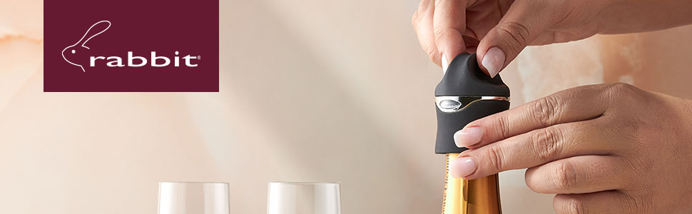 Rabbit Champagne and Wine Sealer, Airtight Wine and Champagne Stopper, Keeps Bubbles Fresh Longer, Easy to Use, Velvet Black, Essential Bar Tool