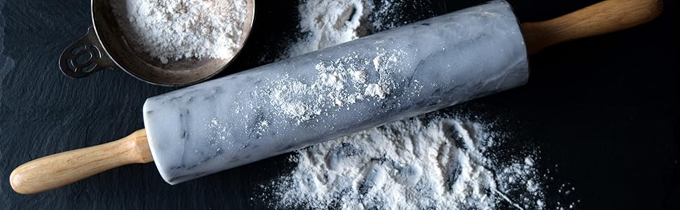 Fox Run Polished Marble Rolling Pin with Wooden Cradle, 10-Inch Barrel, White