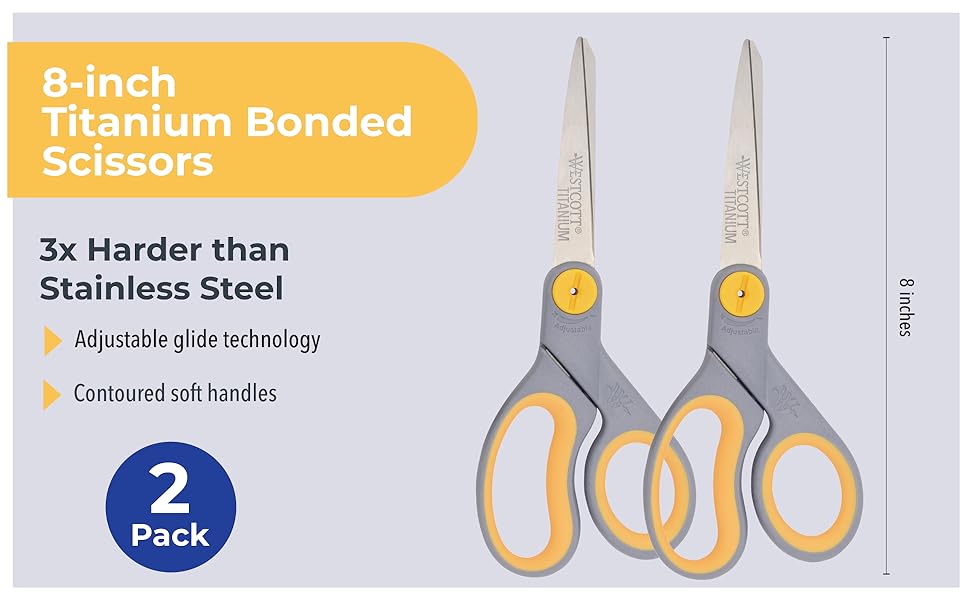 Westcott 8” Titanium Bonded Scissors with Adjustable Glide and Soft Handle, 2-Pack- Durable Multipurpose Scissors for Office, Home, and School Use, Sharp Precision Blades for Everyday Cutting