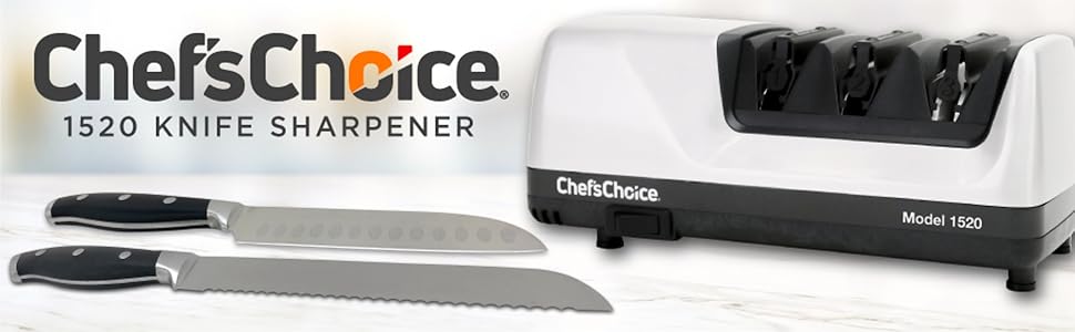 Chef’s Choice Professional Electric Knife Sharpeners for 15- and 20-Degree Straight-Edge and Serrated Knives with Diamond Abrasives & Precision Angle Control, 3-Stage, White