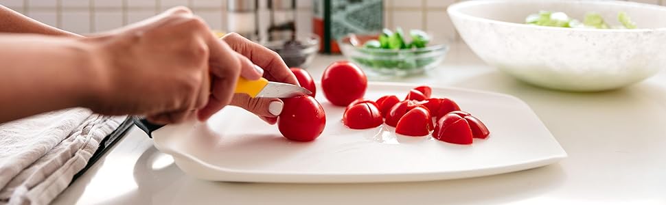 Dexas Chop & Scoop Cutting Board, 9.5 by 13 inches, White with Black Handle