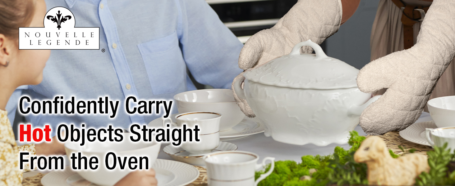 Nouvelle Legende Quilted Cotton Terry Oven Mitts for Baking, BBQ, and Cooking Protection, Heat-Resistant Gloves for Kitchen and Grill, Comfortable Grip, Machine Washable, Reusable, 17-Inch, 1 Pair