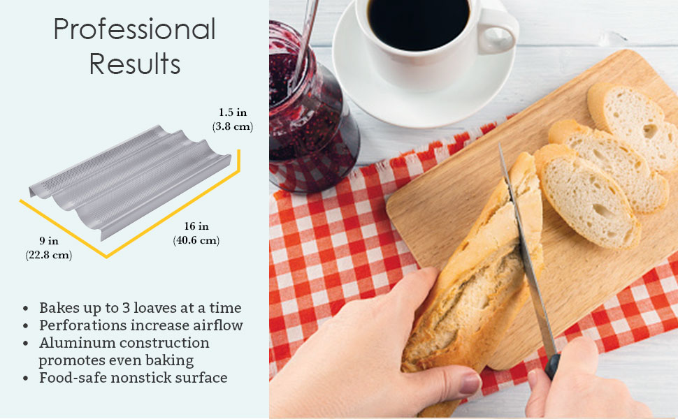 Chicago Metallic Commercial II Non-Stick Perforated Baguette Pan. Creates a crisp, golden-brown crust, 16 L x 9 W x 1.5 H