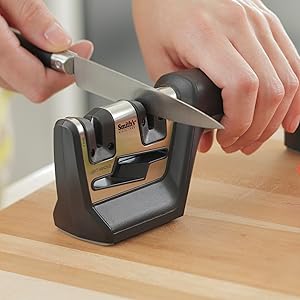 Smith’s 50101 Pull-Thru Knife & Scissor Sharpener – Black/Silver – Pull-Thru Knife Sharpener – Left & Right-Handed Scissor Sharpener – Coarse & Fine Sharpening Slots – Straight & Serrated Blades