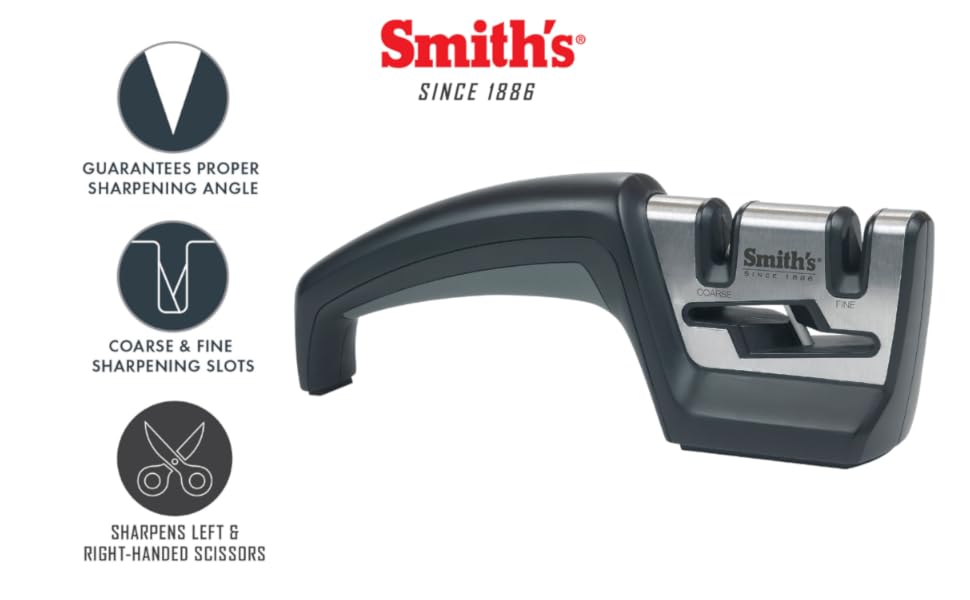 Smith’s 50101 Pull-Thru Knife & Scissor Sharpener – Black/Silver – Pull-Thru Knife Sharpener – Left & Right-Handed Scissor Sharpener – Coarse & Fine Sharpening Slots – Straight & Serrated Blades