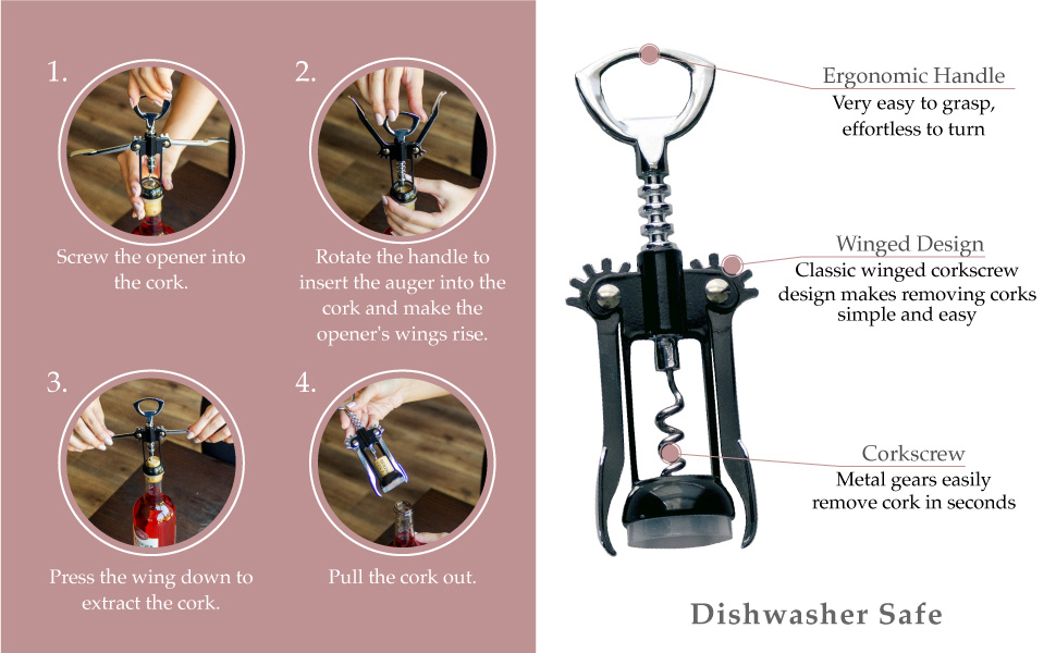 Evriholder Winged Corkscrew for Wine Bottles, Easy Manual Cork Remover, Multi-Purpose Opener for Beer and Soft Drinks, Ergonomic Handle, Stainless Steel, Dishwasher Safe, Black