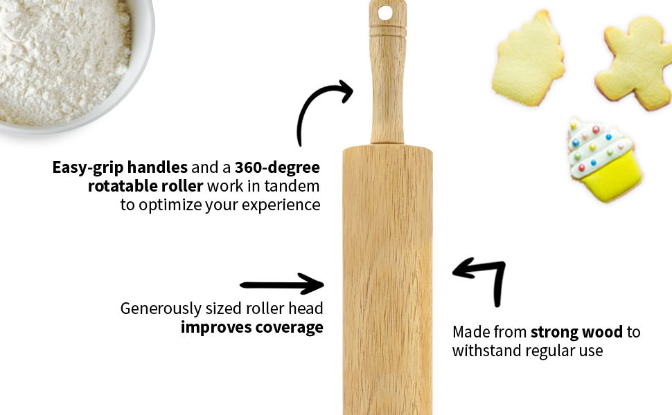FARBERWARE Classic Wood Rolling Pin, 18-Inch Hardwood Dough Roller for Baking Pizza, Pies, Pastry and Cookies, Ergonomic Handles, Kitchen Essential
