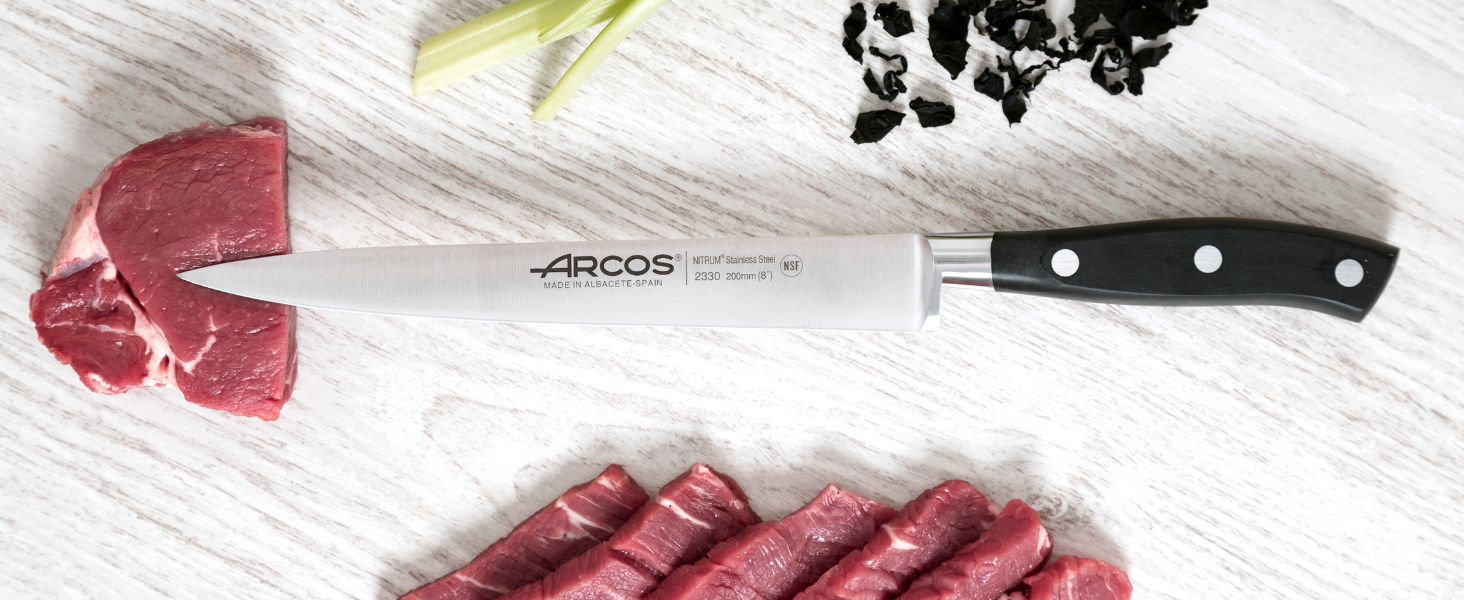 Arcos Forged Carving Fork 7 Inch Nitrum Stainless Steel. 180 mm Blade. Very useful utensil that provides absolute stability for chopping roast meat with a carving knife. Series Riviera. Color Black