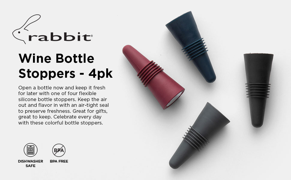 Rabbit W6121 Bottle Stoppers Set of 4, Multicolor Wine Bottle Caps to Preserve Freshness, Stylish and Durable, Perfect for Parties and Gifts