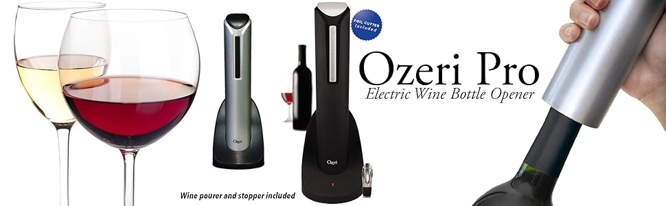 Ozeri Pro Electric Wine Bottle Opener in Black, with Wine Pourer, Stopper, Foil Cutter and Elegant Recharging Stand