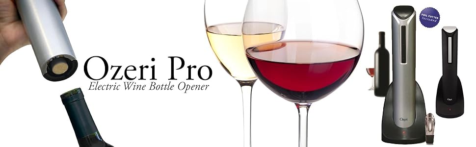 Ozeri Pro Electric Wine Bottle Opener in Black, with Wine Pourer, Stopper, Foil Cutter and Elegant Recharging Stand