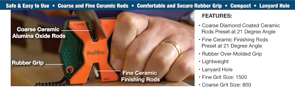 AccuSharp 2-Step Coarse and Fine Rods Knife Sharpener, Hones, Restores & Sharpens Kitchen Knives and All Types of Blades, Keychain Pull Through Knife Sharpener, Blaze Orange