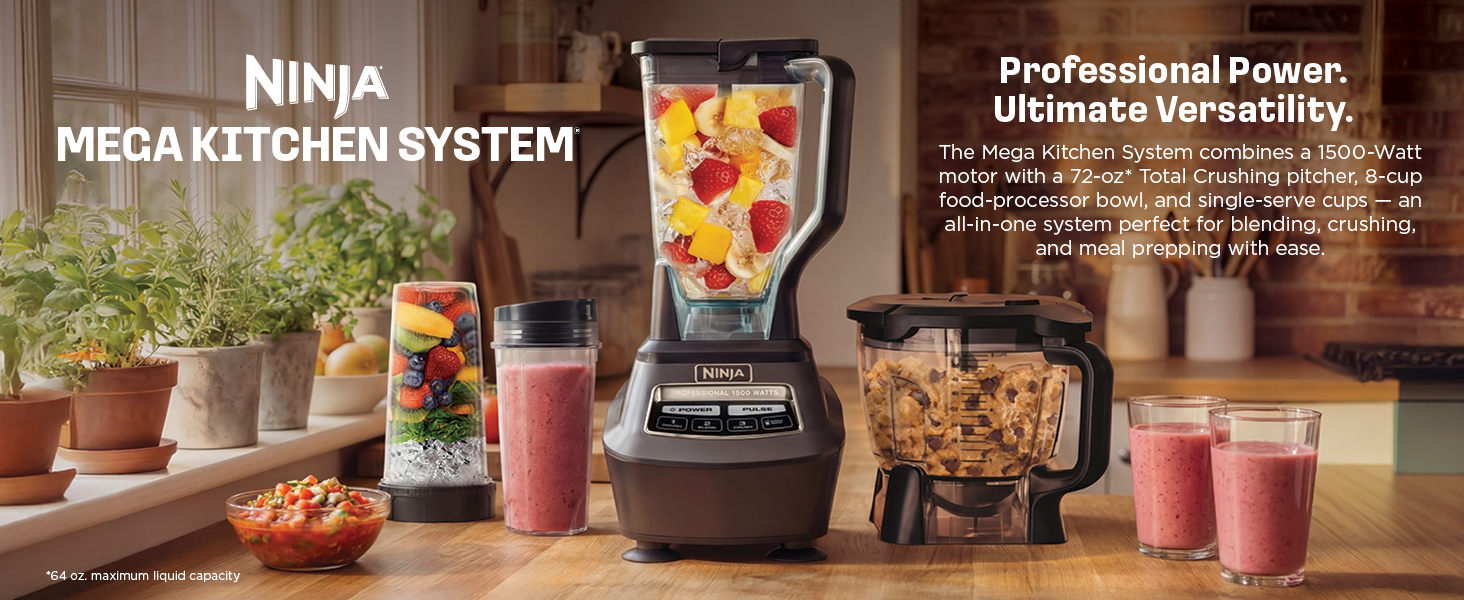 Ninja Kitchen System | All-in-One Food Processor & Blender for Smoothies | Includes Pitcher, (2) 16 oz. To-Go Cups & 8-Cup Bowl | Makes Salsa, Dough, Shakes, & Frozen Drinks | 1500W | Black | BL770