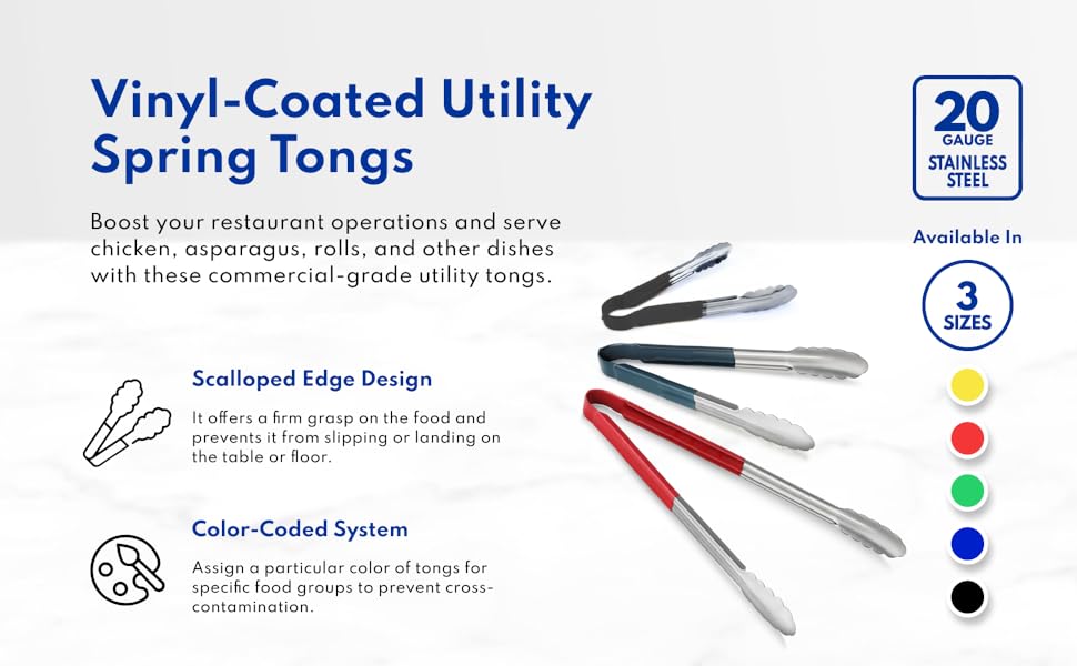 New Star Foodservice 35773 12-Inch Utility Spring Tongs, Stainless Steel, Vinyl Coated, Set of 12, Red