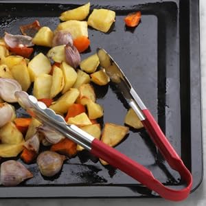 New Star Foodservice 35773 12-Inch Utility Spring Tongs, Stainless Steel, Vinyl Coated, Set of 12, Red