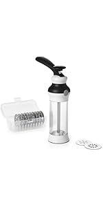 OXO Good Grips 14-Piece Cookie Press Set, Cookie Press with 12 Stainless Steel Disks and Storage Case, Holiday Baking and Everyday Treats, Essential Baking Supplies