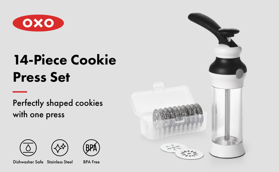 OXO Good Grips 14-Piece Cookie Press Set, Cookie Press with 12 Stainless Steel Disks and Storage Case, Holiday Baking and Everyday Treats, Essential Baking Supplies