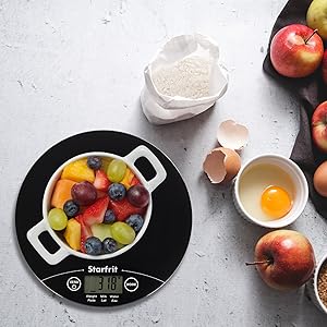 Starfrit Digital Kitchen Scale - Glass Platform - Measures Weight and Liquid Volume - 11 lb / 5 kg Capacity - Black