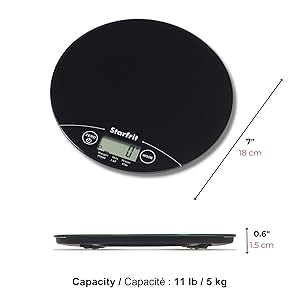 Starfrit Digital Kitchen Scale - Glass Platform - Measures Weight and Liquid Volume - 11 lb / 5 kg Capacity - Black