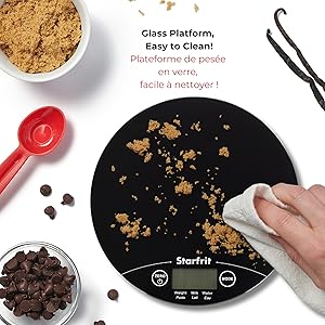 Starfrit Digital Kitchen Scale - Glass Platform - Measures Weight and Liquid Volume - 11 lb / 5 kg Capacity - Black