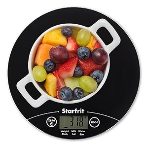 Starfrit Digital Kitchen Scale - Glass Platform - Measures Weight and Liquid Volume - 11 lb / 5 kg Capacity - Black