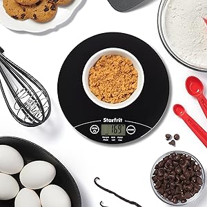 Starfrit Digital Kitchen Scale - Glass Platform - Measures Weight and Liquid Volume - 11 lb / 5 kg Capacity - Black