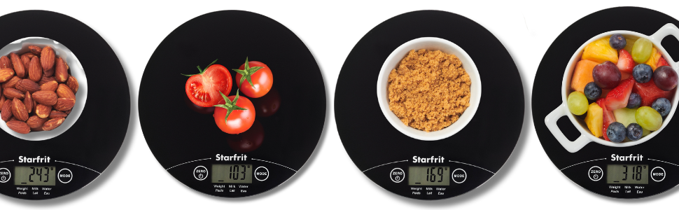 Starfrit Digital Kitchen Scale - Glass Platform - Measures Weight and Liquid Volume - 11 lb / 5 kg Capacity - Black