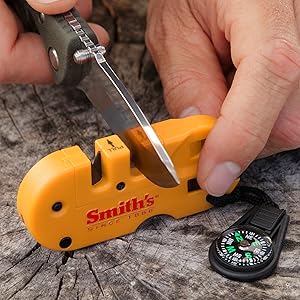 Smith’s 50364 Pocket Pal X2 Sharpener & Outdoors Tool – Yellow – Coarse and Fine – LED Light – Fire Starter – Signal Whistle - Compass