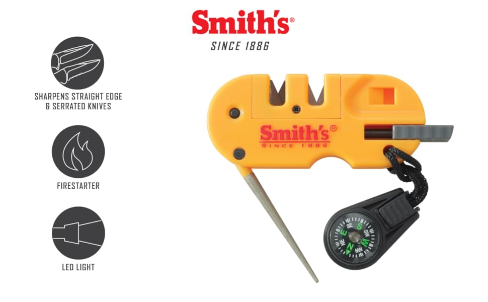 Smith’s 50364 Pocket Pal X2 Sharpener & Outdoors Tool – Yellow – Coarse and Fine – LED Light – Fire Starter – Signal Whistle - Compass