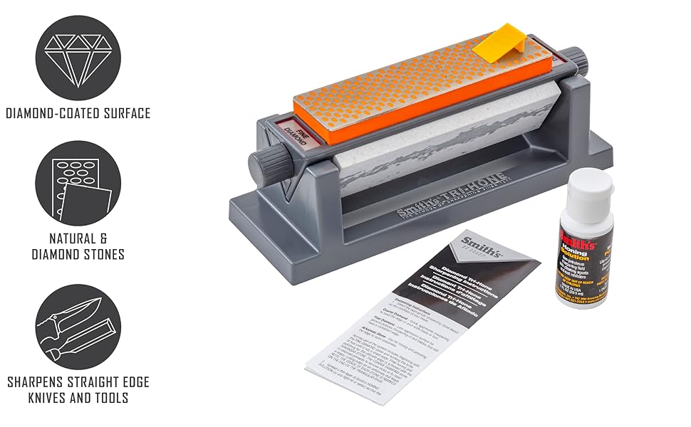 Smith's 50448 6” Diamond Tri-Hone Stone Sharpening System - Grey - Fine, Natural, & Coarse Stones - 3-Way Honing - Nonslip Rubber Feet - Restore Tools, Hunting, Kitchen, Fishing & Pocket Knives