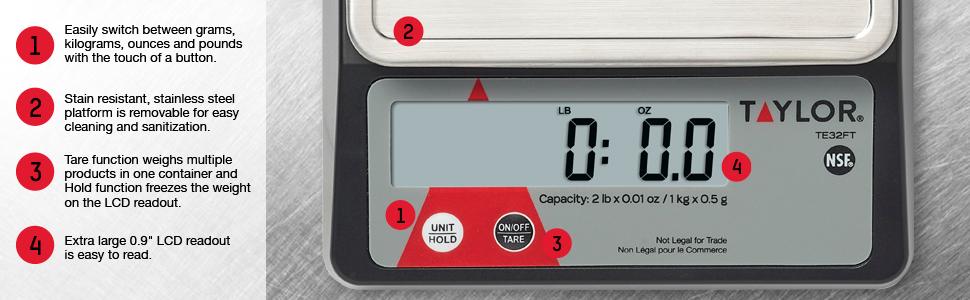 Taylor Compact Digital Portion Control Scale, Food Scale for Precise Weight Measuring and Portion Control, Tare and Hold Function, NSF, 32OZ, Stainless Steel Platform