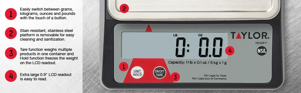 Taylor TE10FT 11-Pound Commercial Digital Portion Control Scale, 11 lb (5 kg) in 0.1 oz (1 g) Food and Cooking Scale, Tare and Hold Function, NSF, Stainless Steel Platform